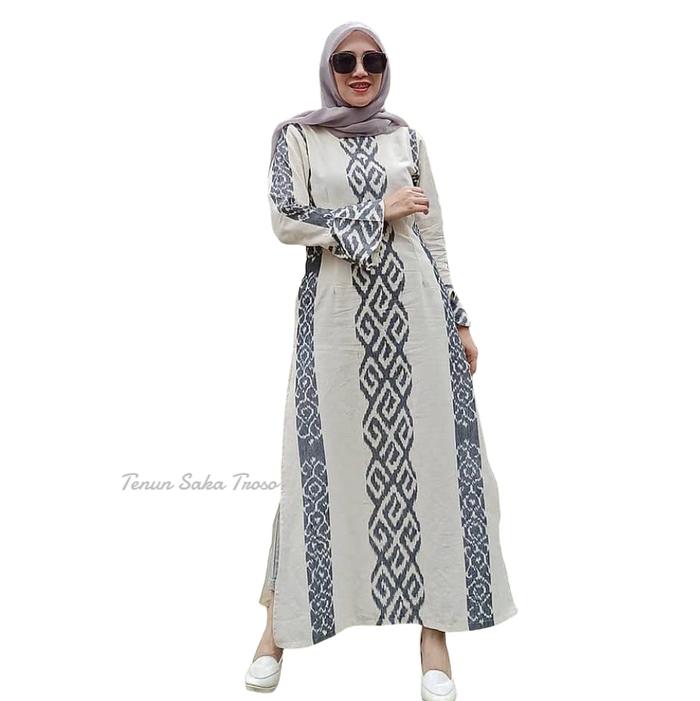 baju tenun tunik belah kanan kiri dress belah putih tulang