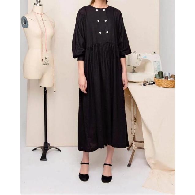 Consennso Button Black Puff Poplin Sleeves Maxy Dress