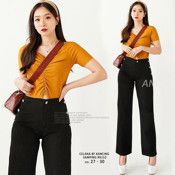 Celana BF Jeans Kekinian - Celana BF Black Jeans Kancing Samping