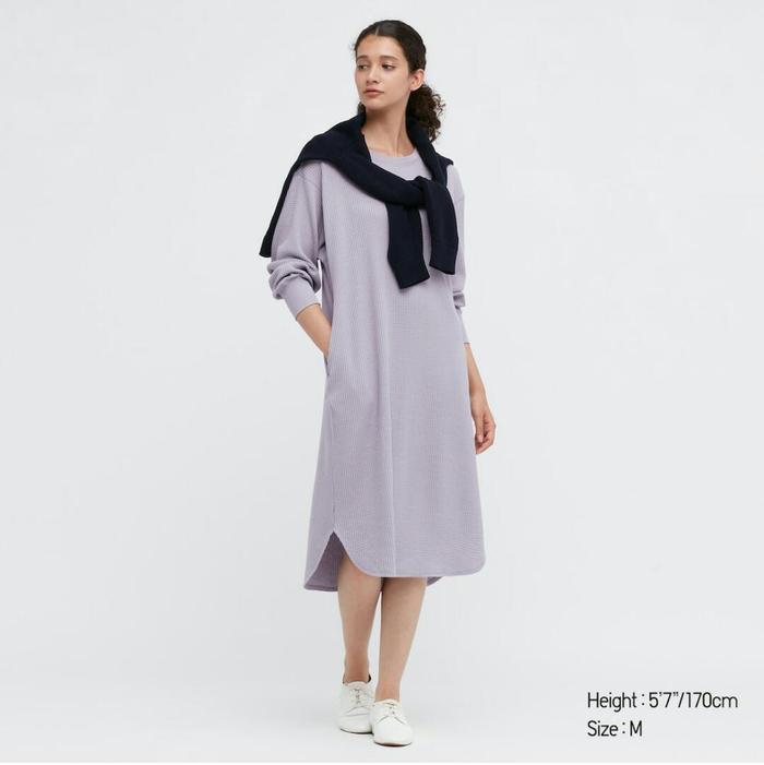 UNIQLO WOMEN GAUN WAFFLE CREW NECK LENGAN PANJANG