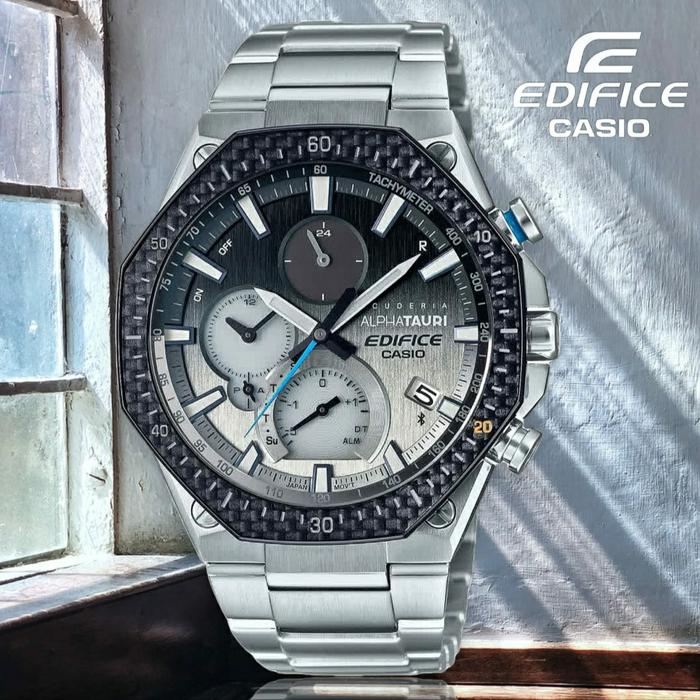 Jam Tangan Pria Merk Edifice EQB-1100 EQB 1100 Silver 44mm Fullset Box