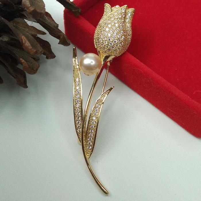 Bros rhodium model bunga tulip mutiara air tawar asli
