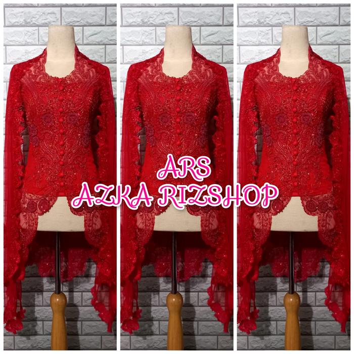 set kebaya pesta modern kebaya wisuda merah + longtorso dan slendang