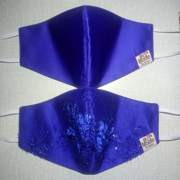 Masker Pengantin Couple Bahan Bridal Kombinasi Brukat Biru Elektrik