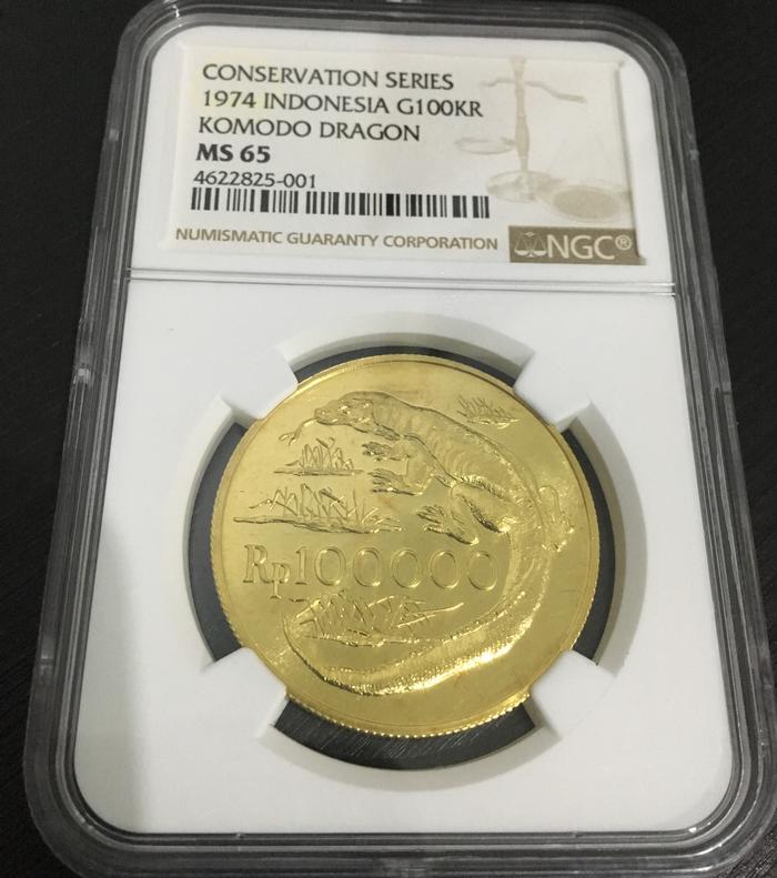 Koin emas kuno lama bank indonesia komodo 1974 ngc ms 65 rupiah langka