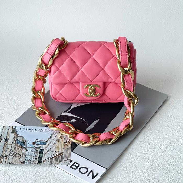 Original - Chanel Mini Square Pink Flap Chunky SS22 GHW Bag Shoulder