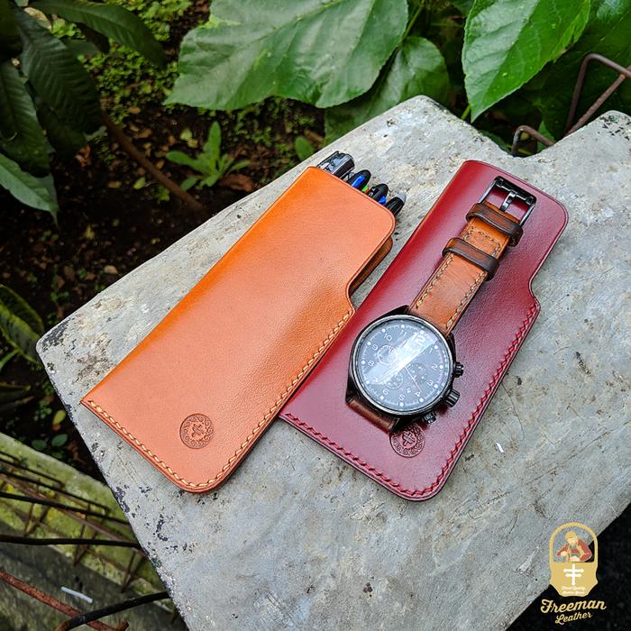 Leather Pen Case 1 Fountain Sleeve Case Watch Jam Tangan kulit asli