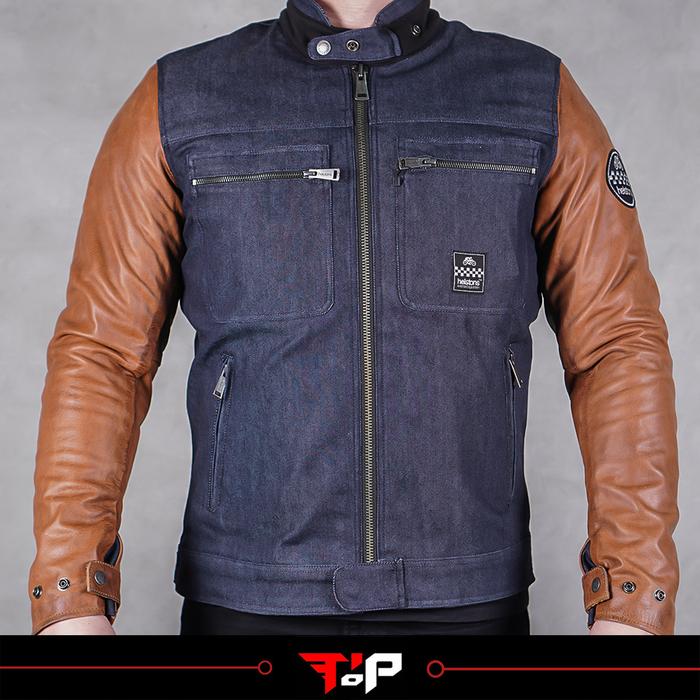 HELSTON JACKET WINSTON CANVAS COTTON LEATHER BLUE BROWN JAKET MOTOR