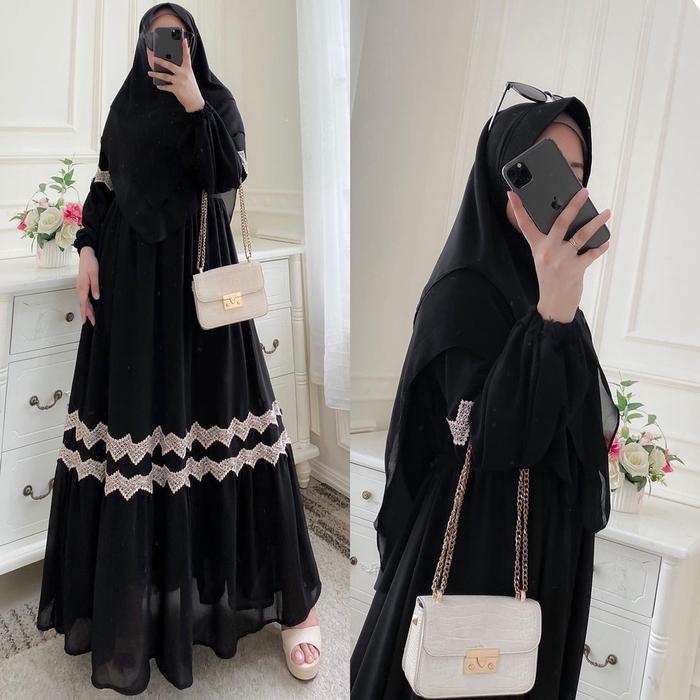 gamis syari ceruty babydoll khimar set polos mix renda bw7869 naffina