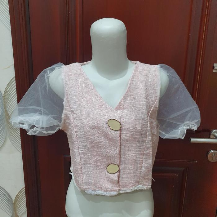 Atasan Wanita Blouse Crop Top bahan tweed import bangkok