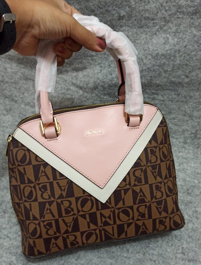 Tas bonia original bahan kulit motif monogram pink model alma