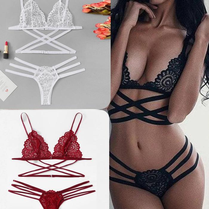 Set Sexy Lingerie Bikini Bra + Cd Setelan Tali Jaring Pakaian Dinas
