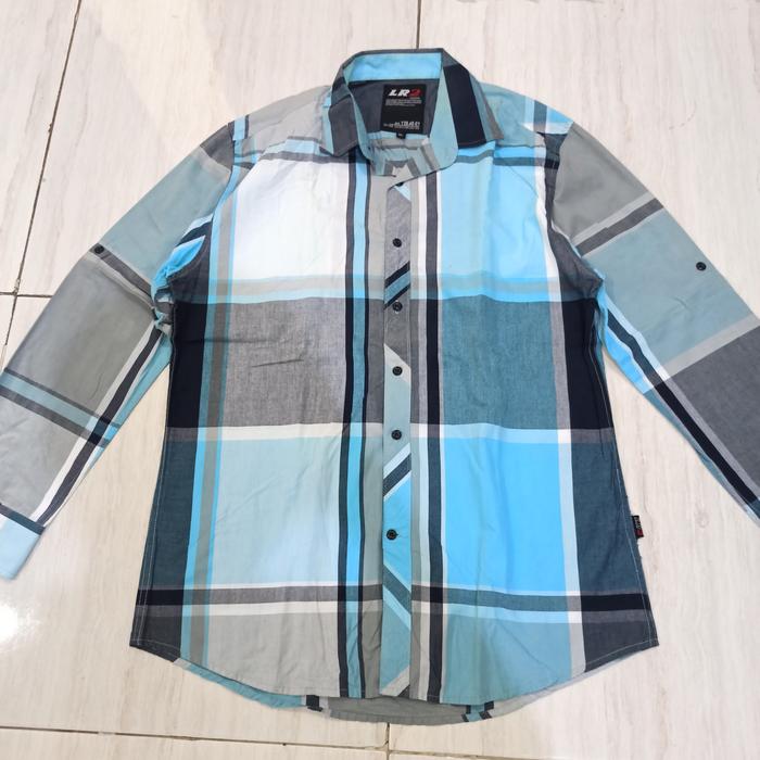 Kemeja Pria Lengan Panjang LR2 Lamode Kotak Kotak Biru Size XXL Thrift