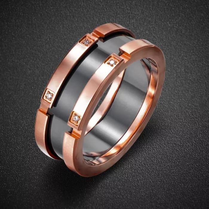 Cincin Stainless Steel Keramik Mozaik Berlian (Hitam+Rose Gold - No.6)