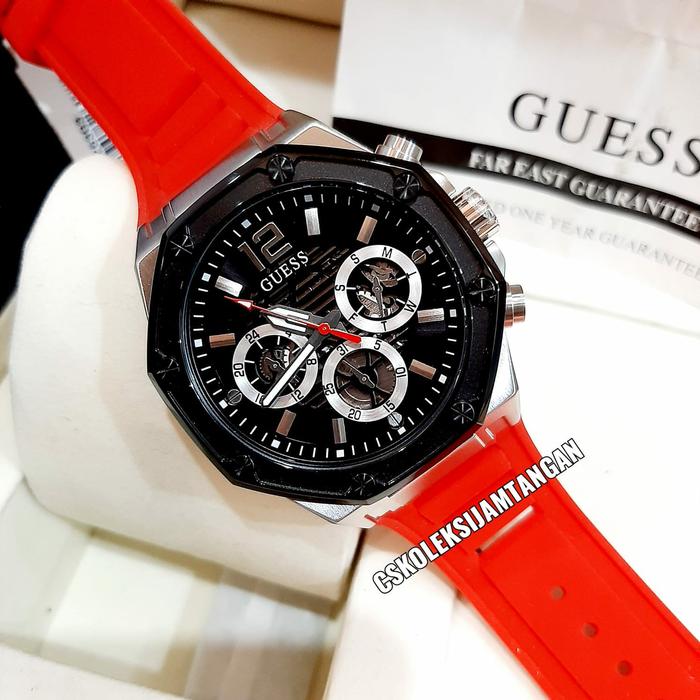 JAM TANGAN PRIA GUESS GW0263G3 SILVER RED RUBBER ORIGINAL BERGARANSI