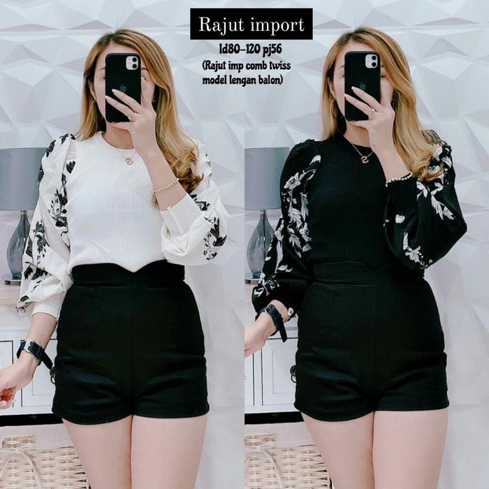 BLOUSE RAJUT FLOWER LENGAN BALON IMPORT, BLOUSE RAJUT WANITA IMPORT