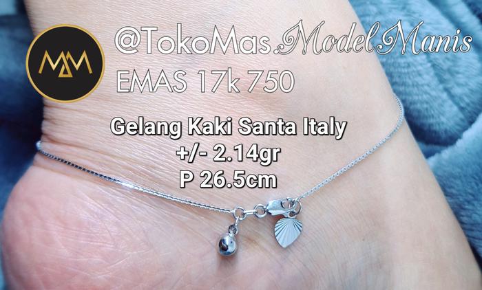 Gelang Kaki Santa Italy Emas putih 750 kadar 17k