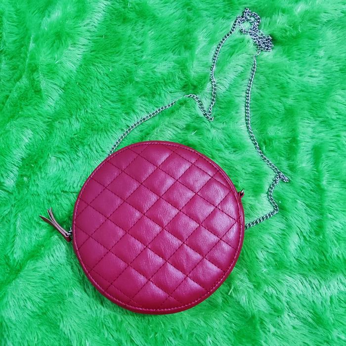 Miniso tas selempang wanita bulat pola kisi merah original