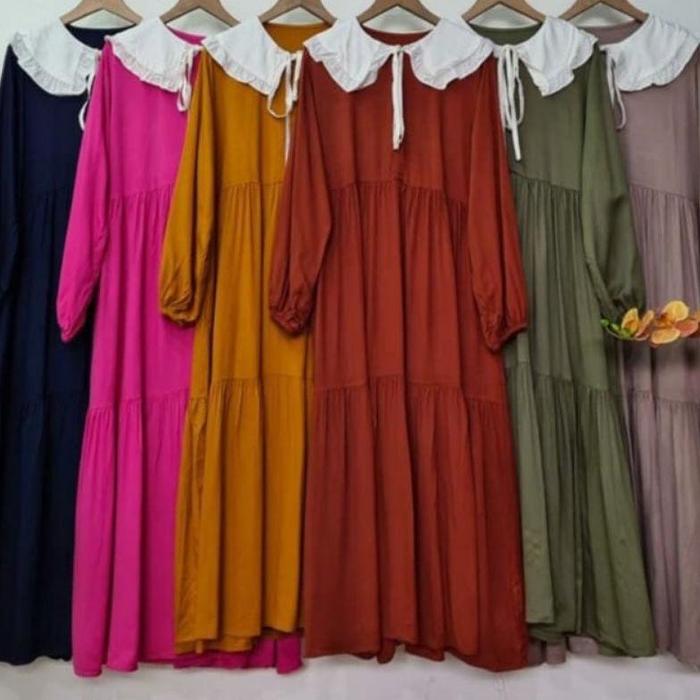 NURRYN BASIC MIDI DRES KERAH PUTIH LONG TUNIK RAYON POLOS GAMIS KOREAN