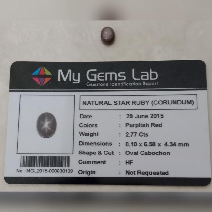 Batu Natural Star Ruby Sertifikat