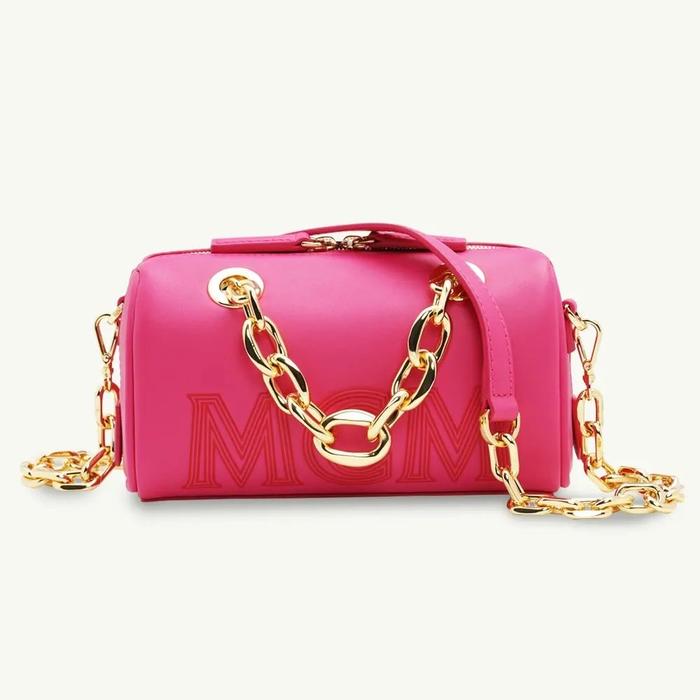 MCM Mini Boston Chain Shoulder Bag in Beetroot Purple w/Embossed Logo
