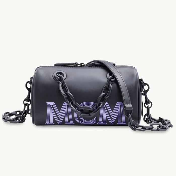 MCM Mini Boston Chain Shoulder Bag in Black with Embossed Logo