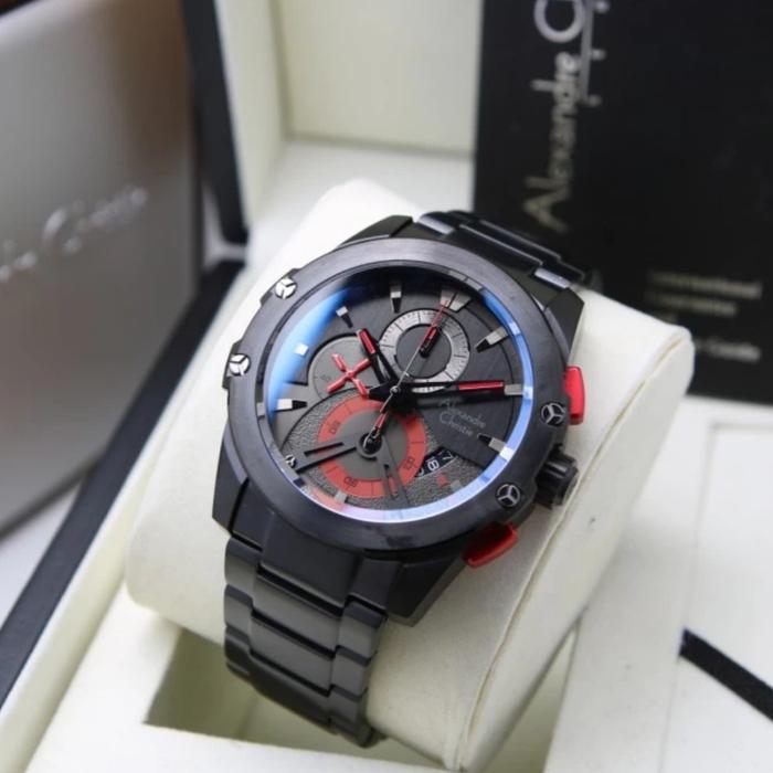 Jam Tangan Pria Alexandre Christie Original AC6607 Black List Red