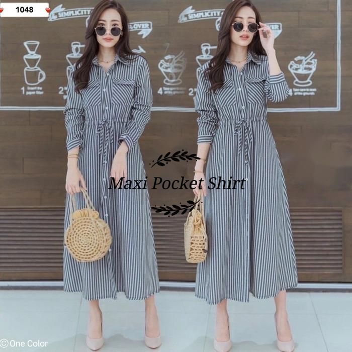 Longdress 1048 Maxi pocket shirt Dress Kemeja Bahan katun salur