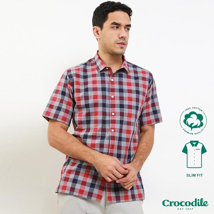 Kemeja Crocodile Pria lengan pendek kotak-kotak Slimfit, GOTA 0161