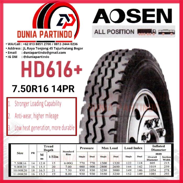 Ban Truk AOSEN HD616+ Uk 7.50R16 14PR , Chat Diskon Untuk Harga&Stok