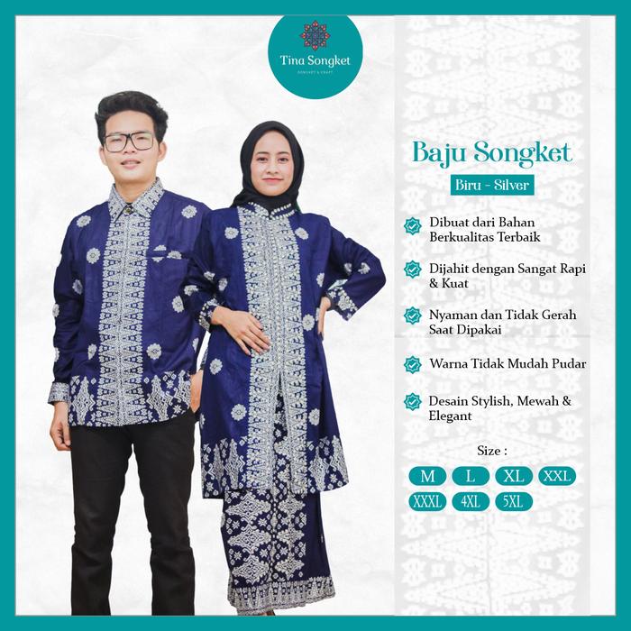 Baju Songket Palembang Asli Pria Wanita Unisex Kondangan Biru Silver