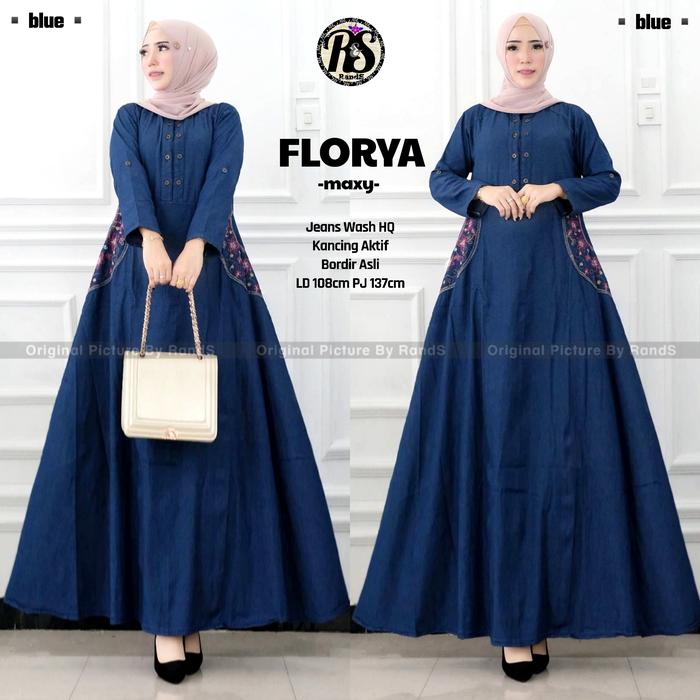 Florya maxy gamis longdress jeans bordir ori longdress busui denim new