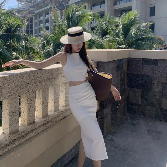 Crop top one set premium rok span panjang one set