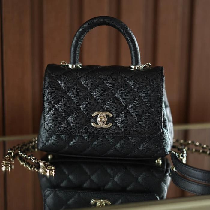 Original - BNIB Chanel Coco Handle Mini Black Caviar GHW chip complete