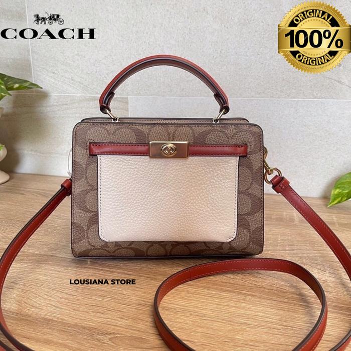 Coach Mini Lane Top Handle In Colorblock Signature Canvas Gold/Khaki