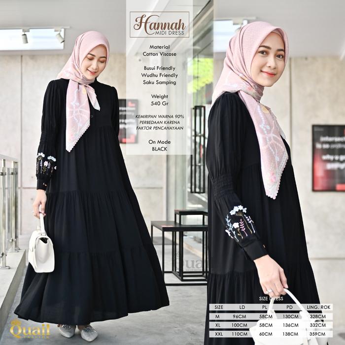 HANNAH MIDI DRESS Gamis Aksen Bordir Quail Hijab Katun Viscose Ori