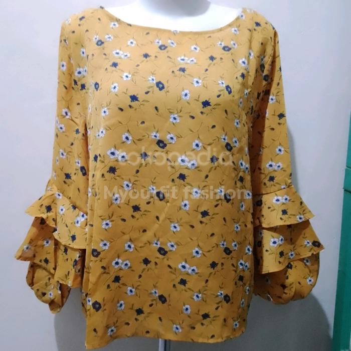 blouse wanita bunga kuning lengan terompet balon