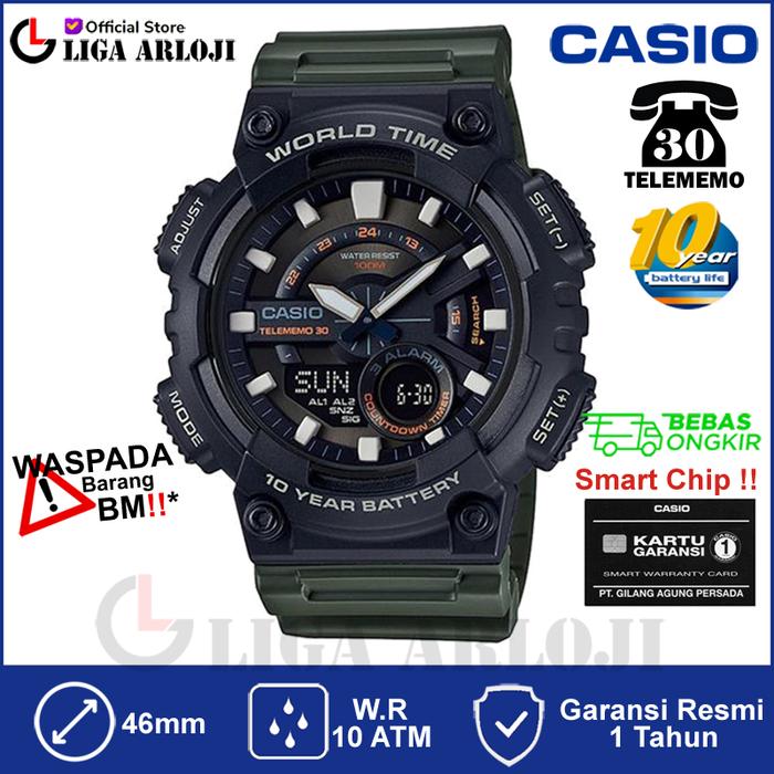 CASIO AEQ-110W-3AVDF Jam Tangan Pria Hijau Army AEQ110W AEQ-110W-3A AEQ 110W 3AVDF