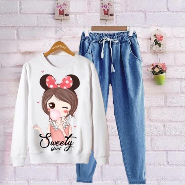 baju kekinian wanita/set baju muslim santai/baju main/jalan/baju keren