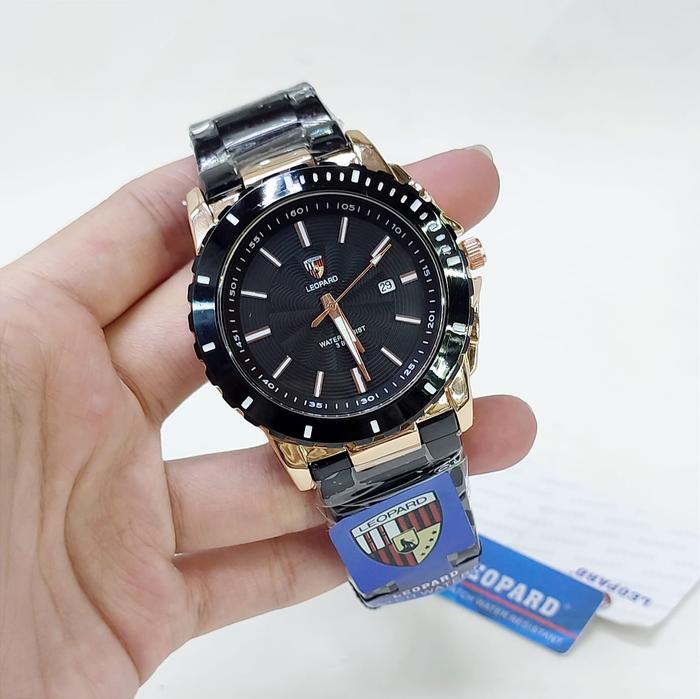Jam tangan pria LEOPARD tali rantai tanggal aktif