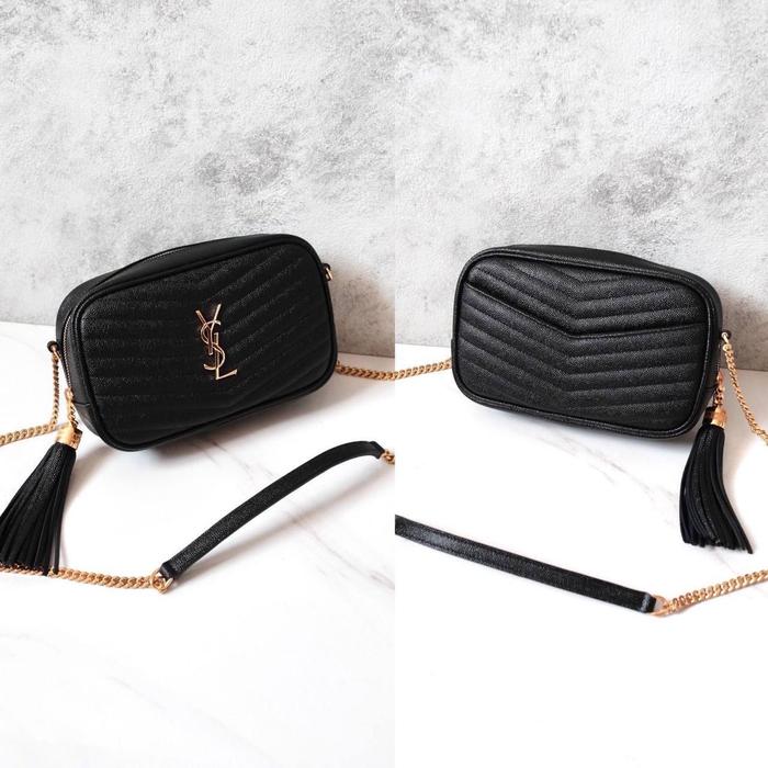 YSL SAINT LAURENT LOULOU MINI CAMERA SLINGBAG W TASSEL IN BLACK GHW