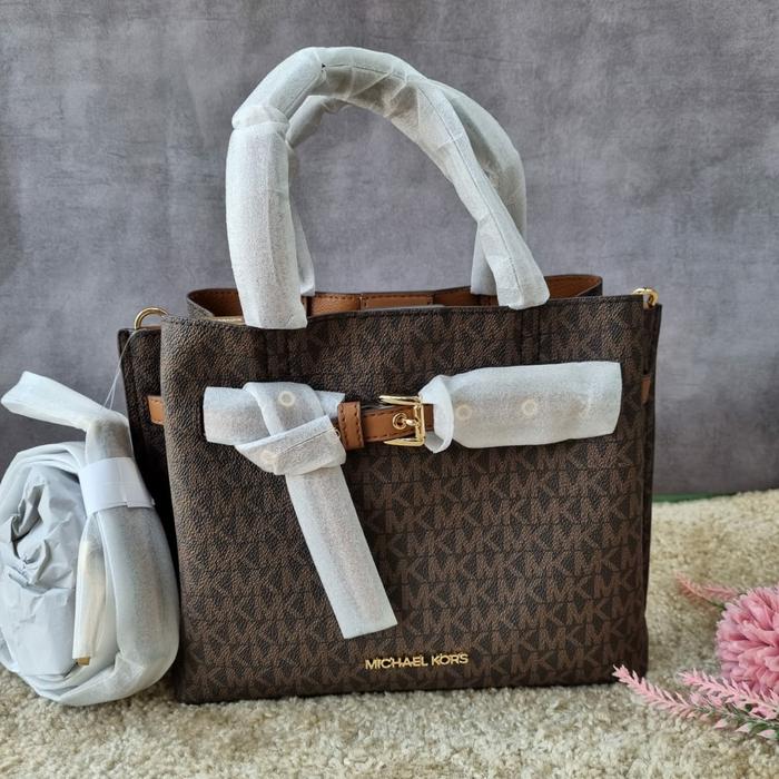 MK emilia small satchel sign brown