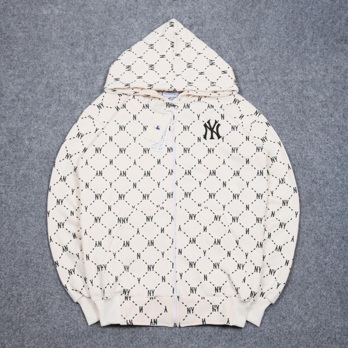 JAKET SWEATER HOODIE ZIPPER MLB FULL PRINT NY NEW YORK AUTHENTIC CREAM