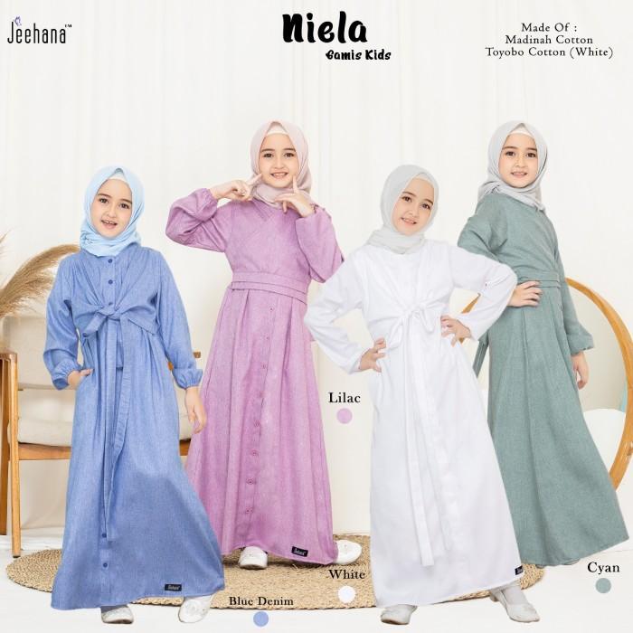 baju gamis anak perempuan muslim katun polos putih sekolah seri sarimbit nielan niela jeehana