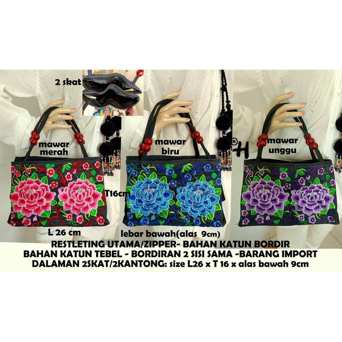 Tas tenteng full bordir Thailand mawar dan merak oleh-oleh Bangkok