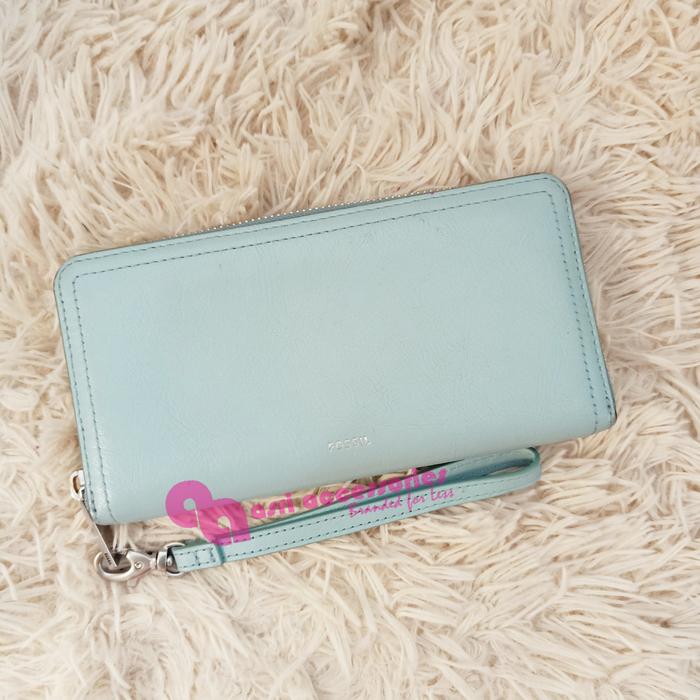 Preloved Fossil Logan RFID Zip Around Long Clutch Wallet Wristlet Blue