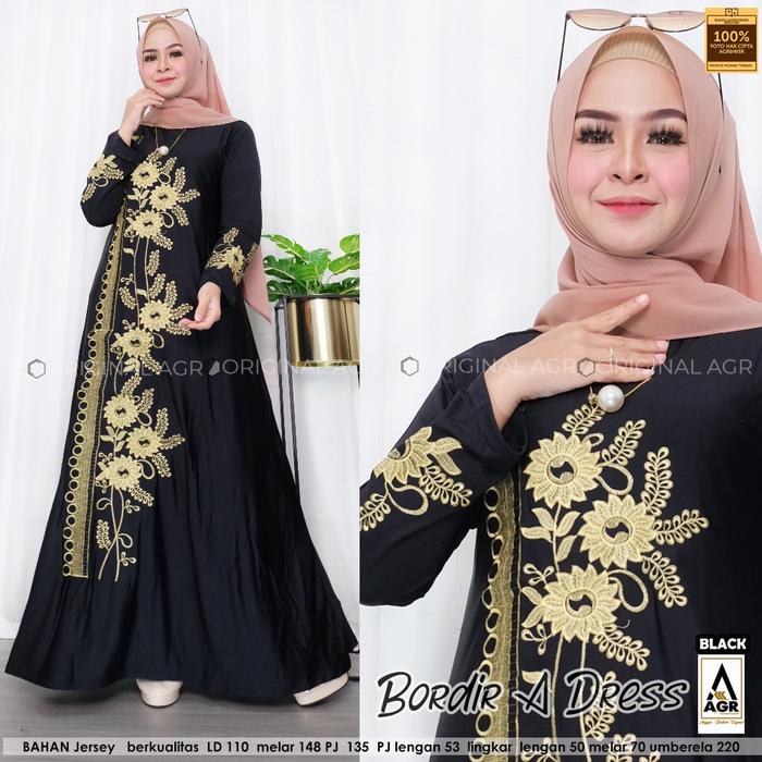Bordir dress maxy gamis wanita jersey bordir ori gamis longdress new