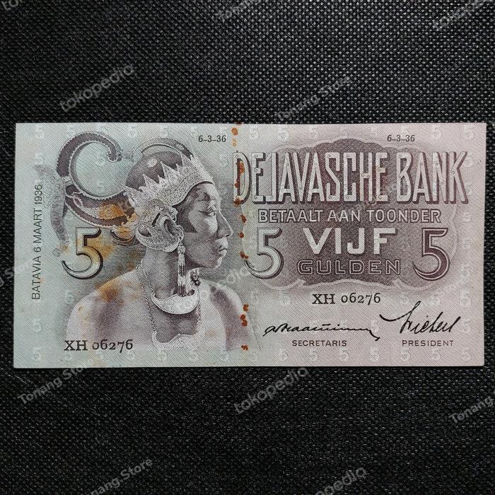 Uang Kuno 5 Gulden Wayang ttd Praasterink Tahun 1936 Belanda -XH 06276