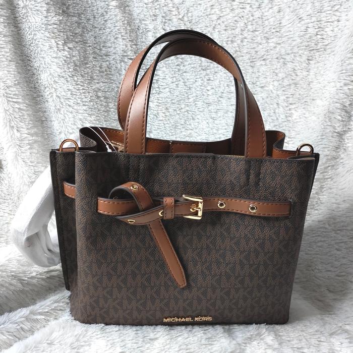 TAS WANITA MK EMILIA SMALL SATCHEL SIGNATURE BROWN