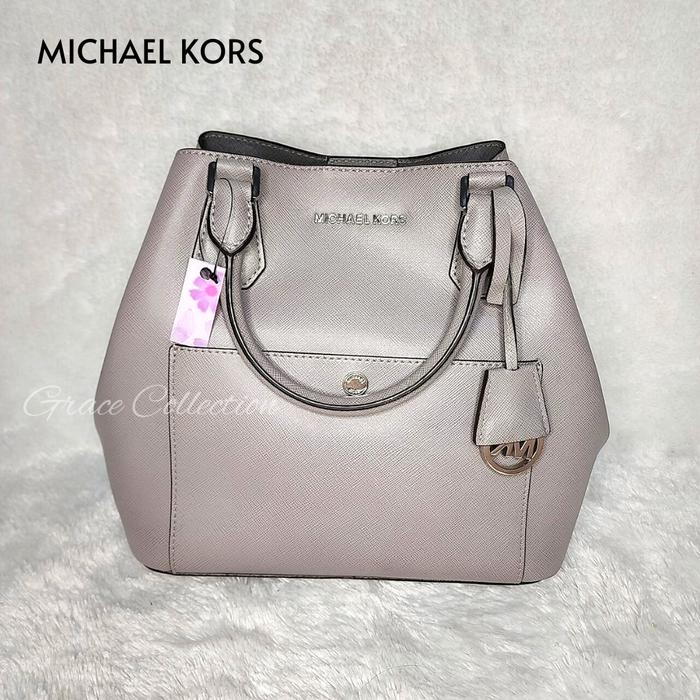 TAS WANITA BRANDED ORIGINAL - MK GRAY BUCKET SAFFIANO LEATHER BAG